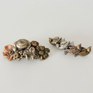 French Hair Barrettes Floral Birds Metal Clips Copper Bronze Made in France